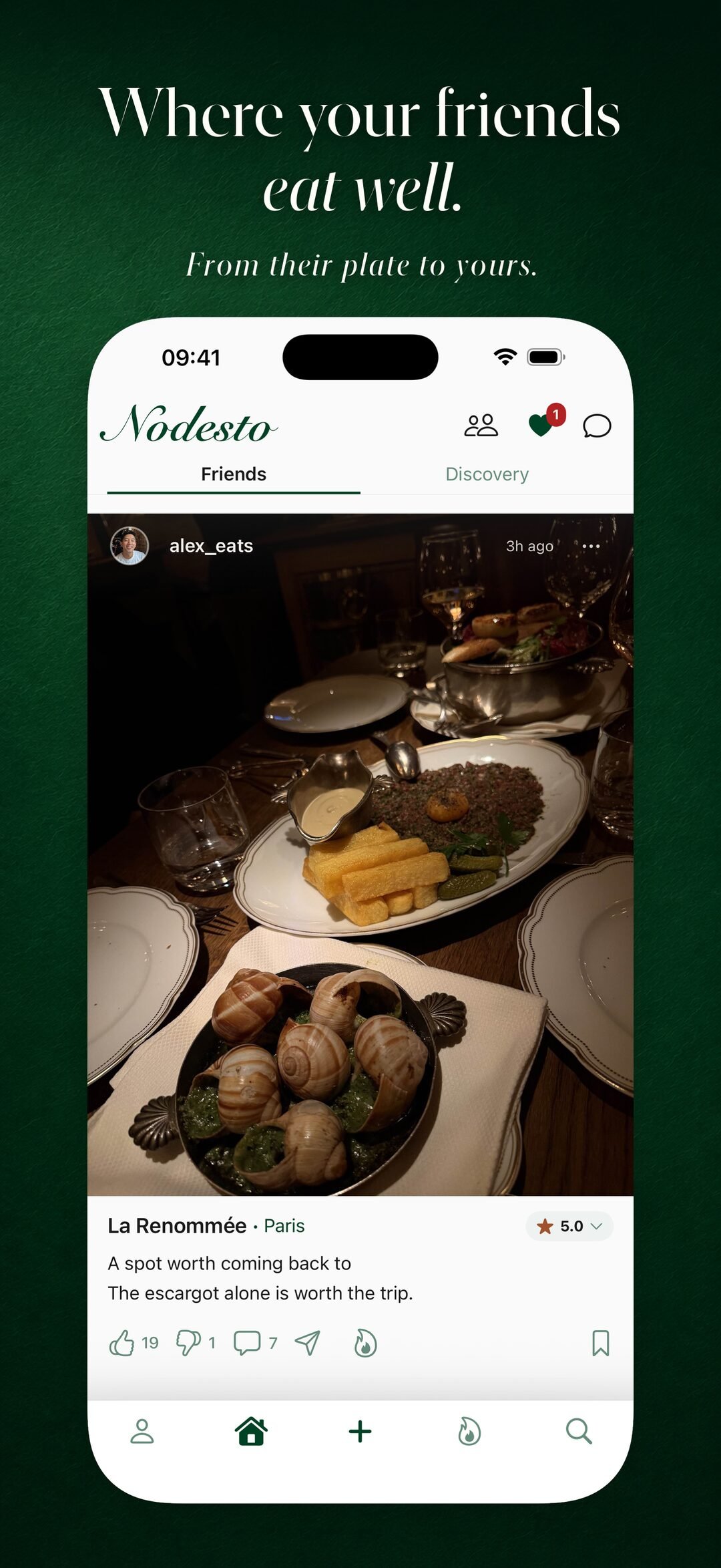 Nodesto social feed — a friend's post from La Renommée in Paris.