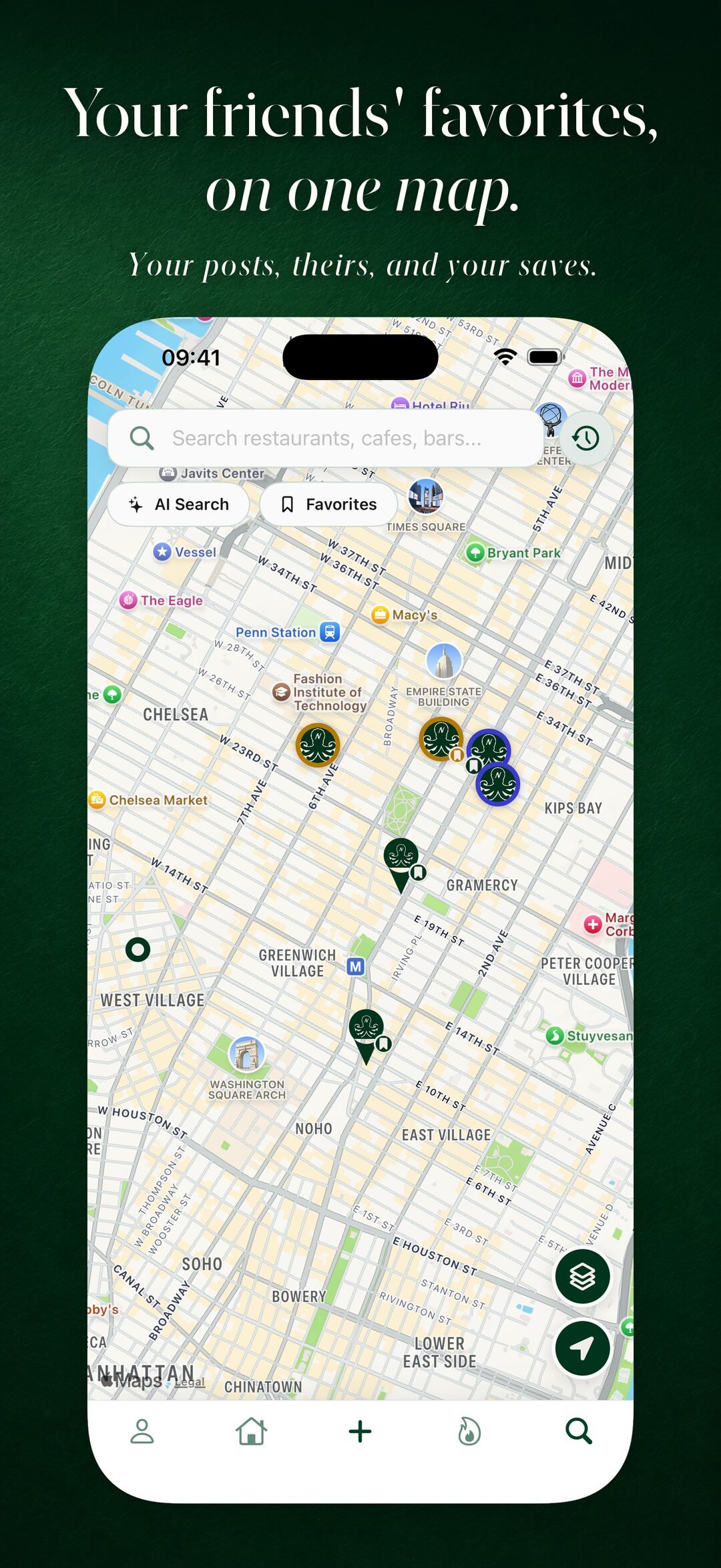 Map of New York with friend-visit and saved-restaurant pins.